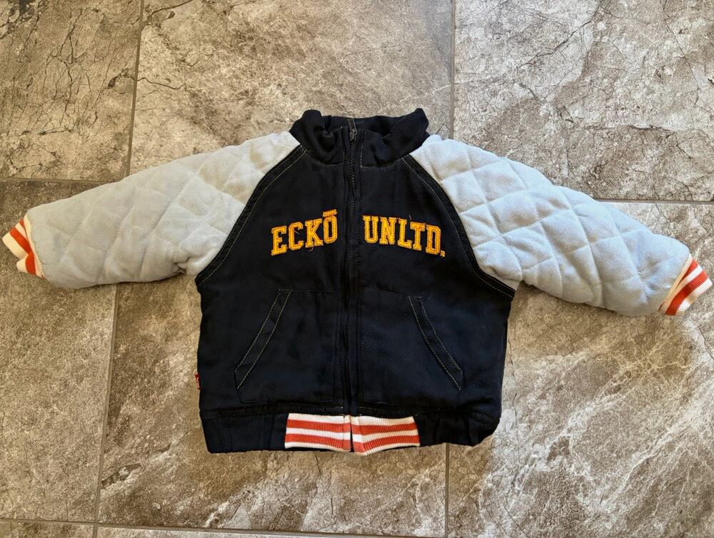 Ecko Unltd. Baby Zip Fleece Hoodie Black/Gray/Orange Quilted Logo 12Mo (0238)